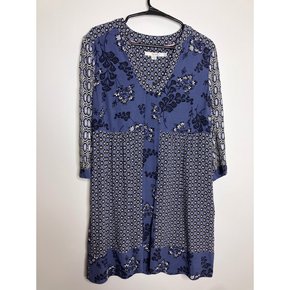 Boden Tunic Dress Womens 8 Blue Excellent Mixed Print V-Neck 3/4 Sleeve WW096